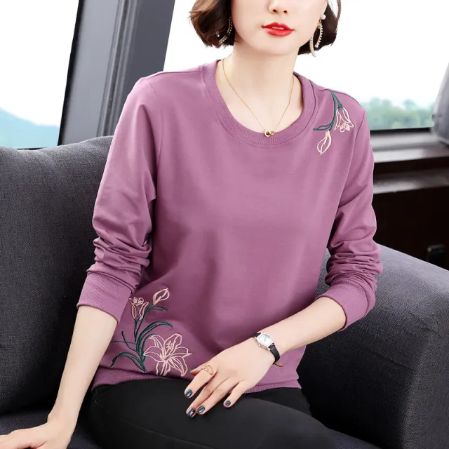 Cotton Small Flower Embroidery Long sleeved Top Purple - Shop at LoveMi