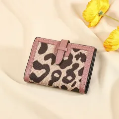 Women's Wallet Short New Leopard Print Pull-belt Multi-functional Large Capacity Tri-fold Retro Multiple Card Slots Clutch Card Holder - Pink - View 1
