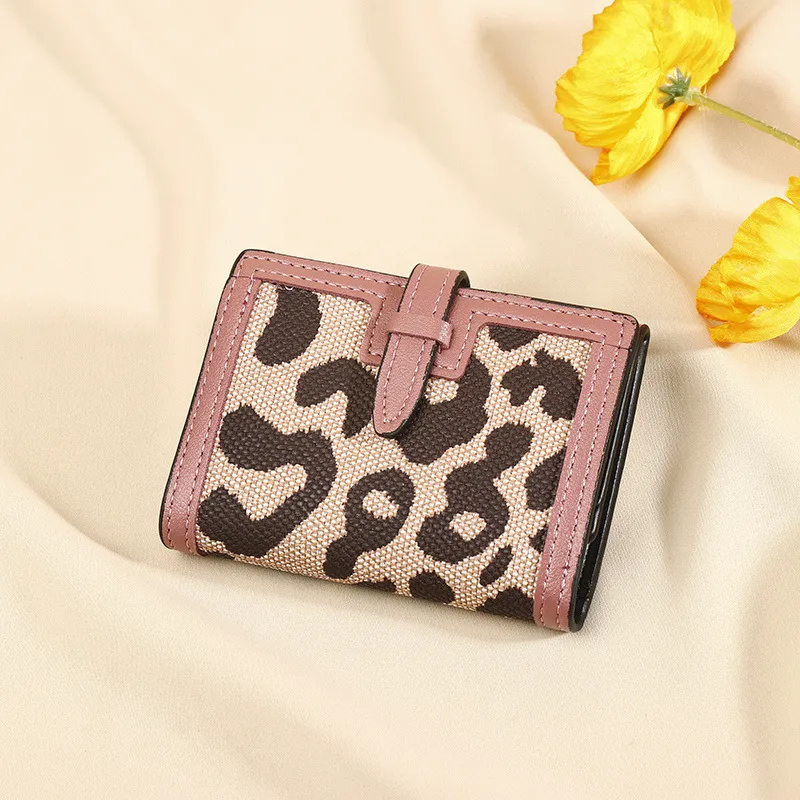 Women's Wallet Short New Leopard Print Pull-belt Multi-functional Large Capacity Tri-fold Retro Multiple Card Slots Clutch Card Holder - Pink