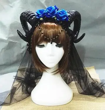 Three Roses Headband Halloween Vampire Demonsheep Horn Veil Hair Accessories Blue 60 Mesh - Shop at LoveMi