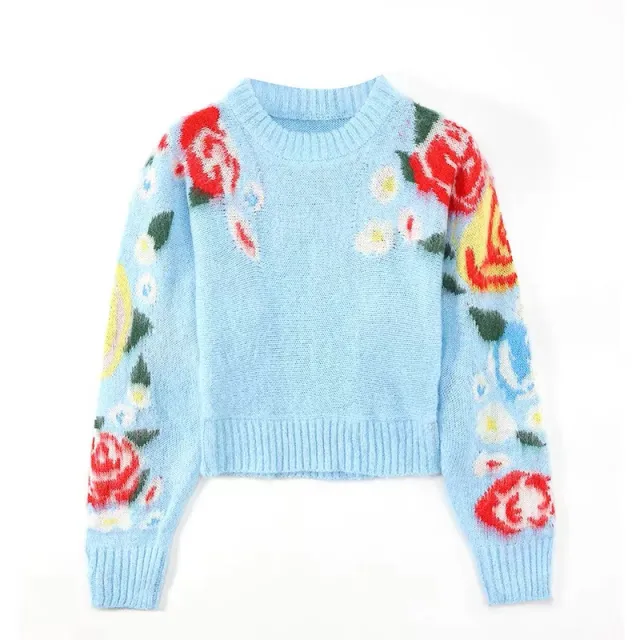 Sweet Art Flower Mohair Pullover Crew Neck Sweater Blue - Shop at LoveMi