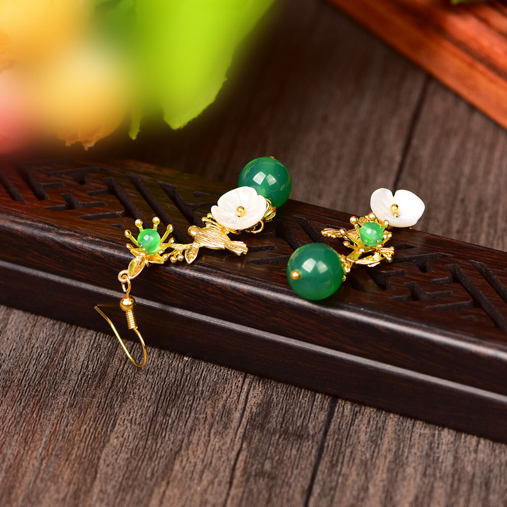 Ethnic Style Women's Long Green Agate Earrings Jewelry