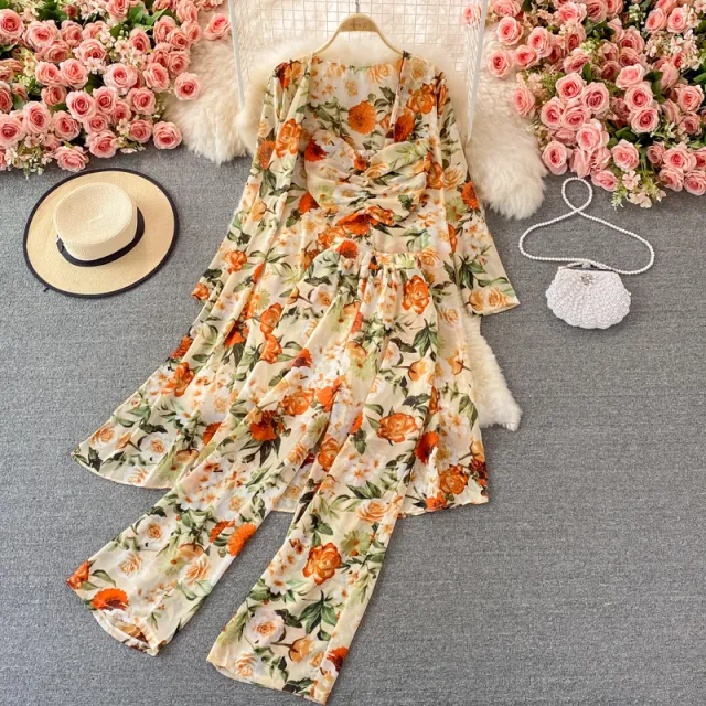 Mid length Floral Chiffon Cardigan Three piece Set Tube Top Short Type Yellow - Shop at LoveMi