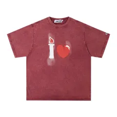 American Retro Washed And Worn Street Tide Brand Men's Clothing Heart Printing Loose Casual Short-sleeved T-shirt - Red - View 1