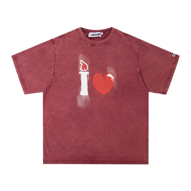American Retro Washed And Worn Street Tide Brand Men's Clothing Heart Printing Loose Casual Short sleeved T shirt Red - Shop at LoveMi