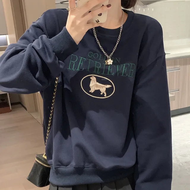 Korean Style Round neck Pullover Women's Autumn And Winter New Loose Oversize Style Embroidery Cartoon Long sleeved Versatile Top Blue - Shop at LoveMi