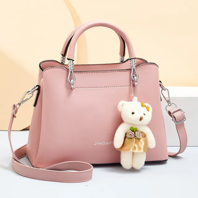 Handbag Shoulder Large Capacity Soft Leather Bear Pendant Women's Bag Pink - Shop at LoveMi