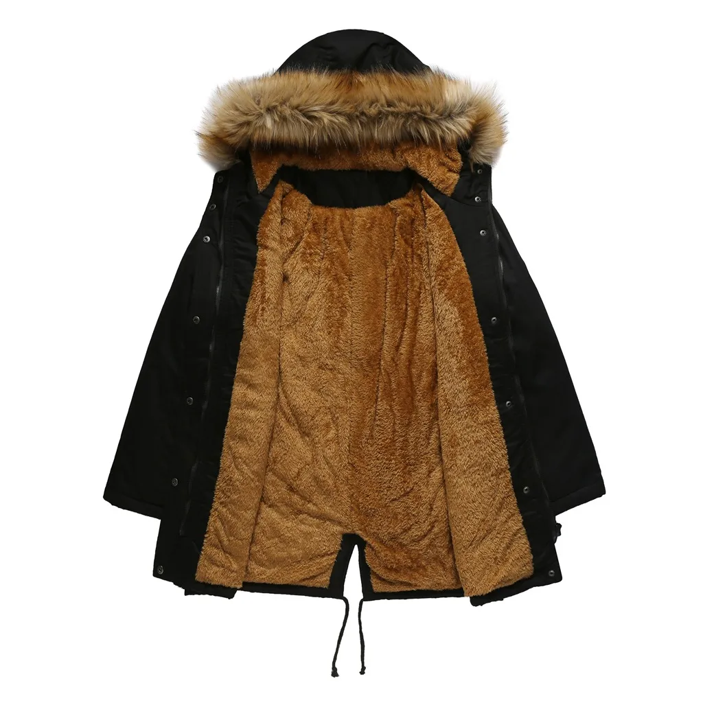 Women's Hooded Fur Collar Fleece-lined Warm Jacket - Black