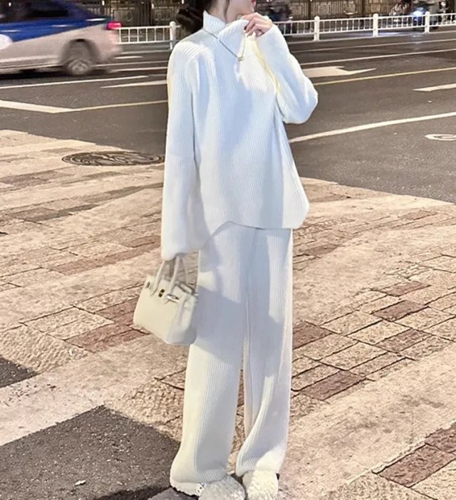 Turtleneck Knitting Suit Women's Autumn And Winter New Loose Thick Two piece Set Beige - Shop at LoveMi