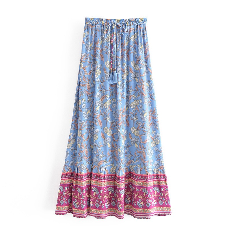 Bohemian Resort-style Cotton A-line Skirt With Water-based, Position-printed Floral Design