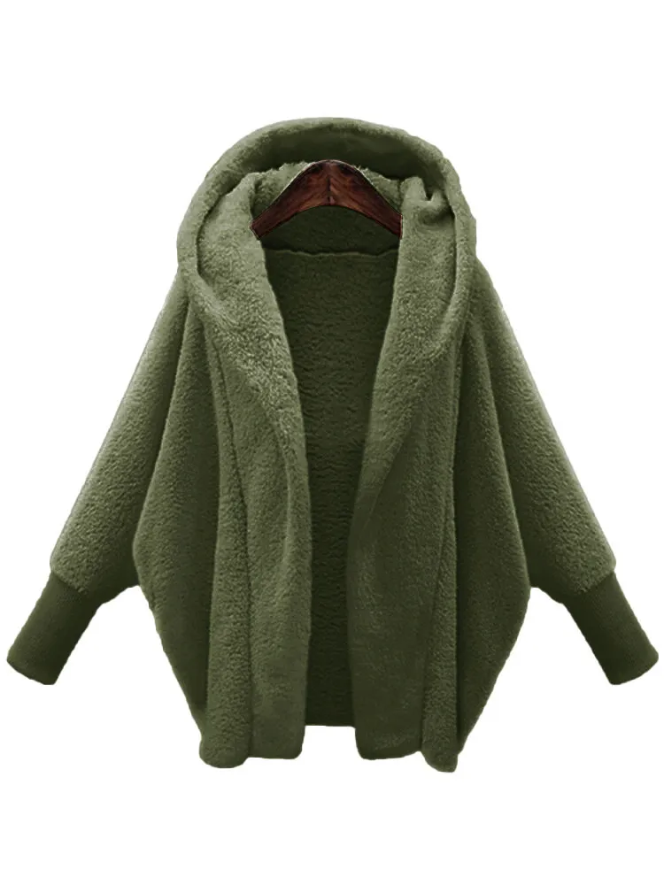 European And American Women's Clothing Solid Color Long Sleeve Hooded Loose Plush Coat - Green