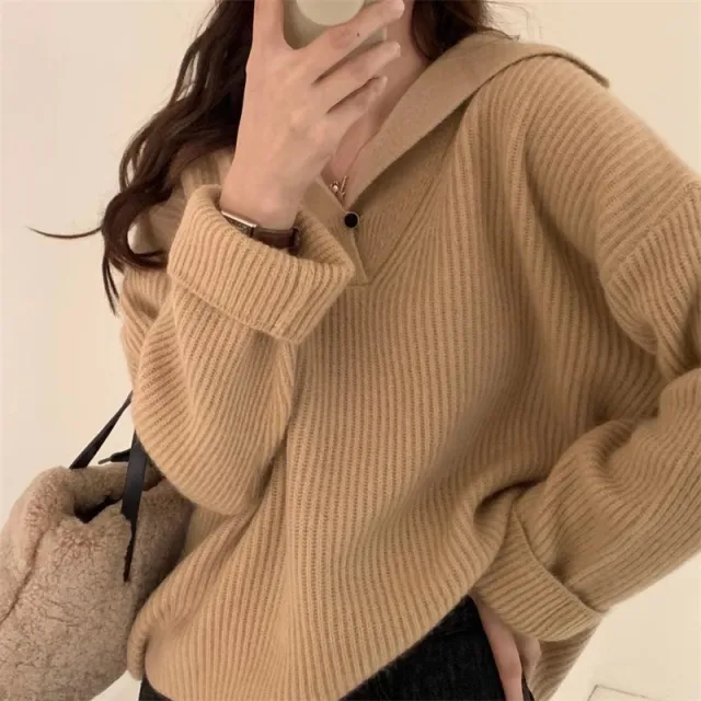 Women's Lapel Knitwear Pullover Sweater Khaki - Shop at LoveMi