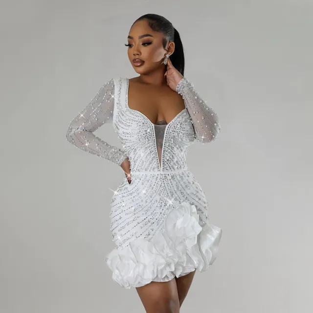 Heavy Embroidery Hot Drilling Beaded Ruffled Stitching Skinny Sheath Dress White - Shop at LoveMi