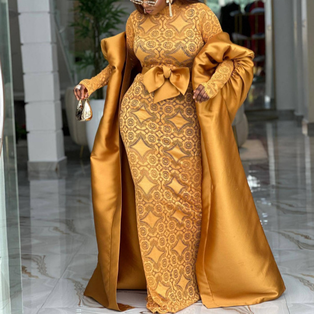 Half-high Neck Lace Sheer Long Dress Set for sale on BNS