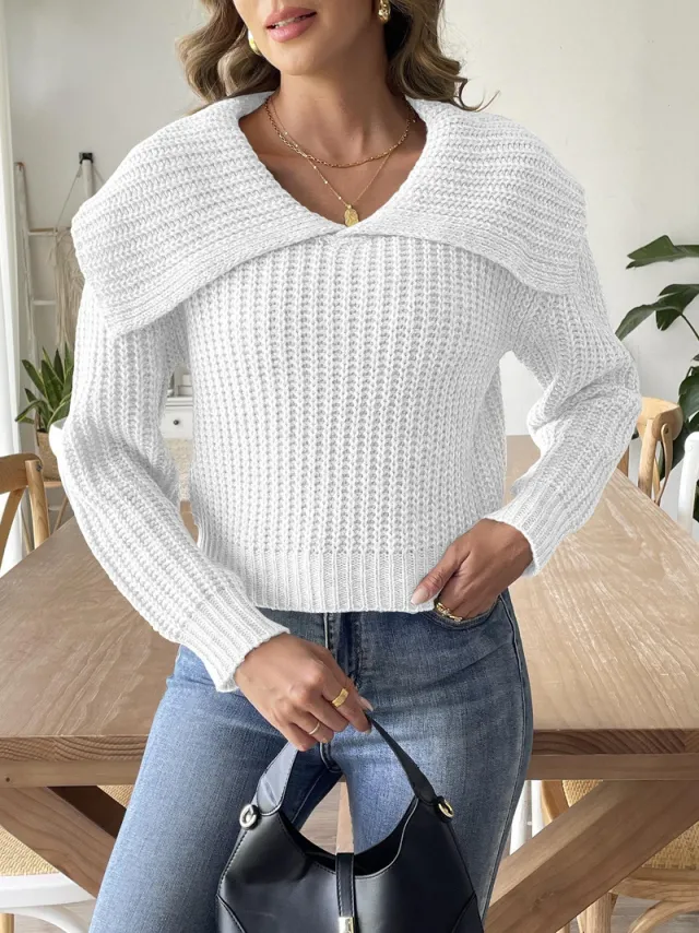 Women's Navy Style Short Top Large Lapel Pullover Sweater White - Shop at LoveMi