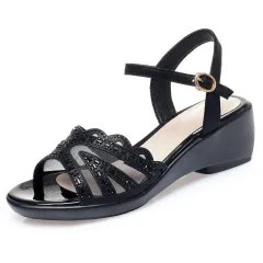 Women's Summer Chunky Mid Wedge Sandals With One Line Buckle Heels - Black - View 1