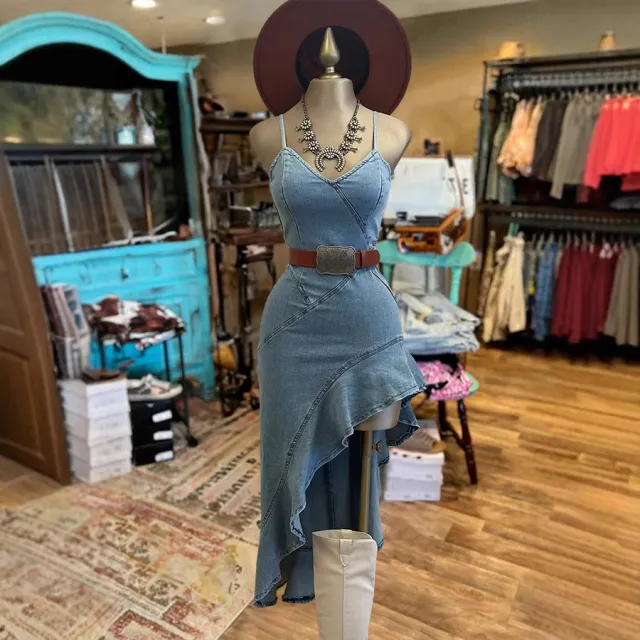 Women's Sling Denim Dress Single Side Sea Blue - Shop at LoveMi