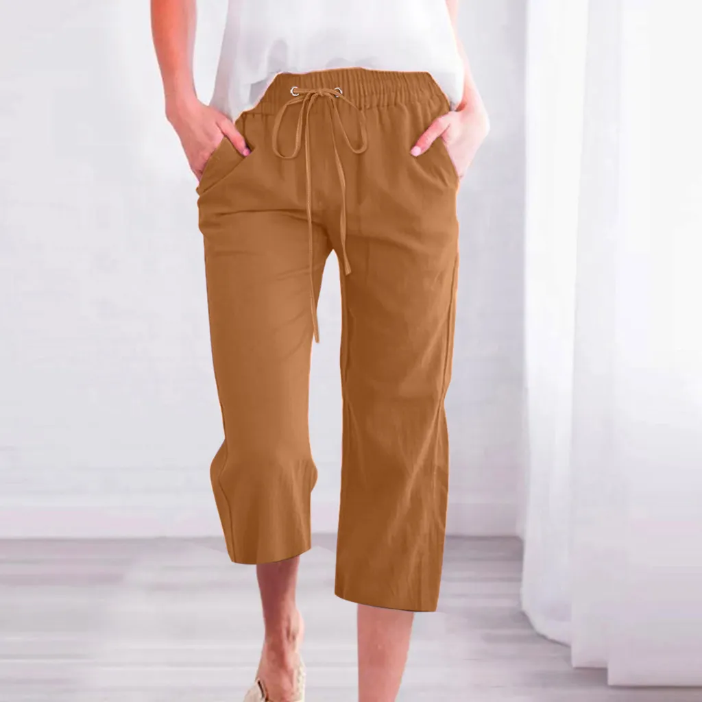 Women's Solid Color Drawstring Cotton And Linen Casual Loose Straight Pocket Home Cropped Pants - Dark Brown