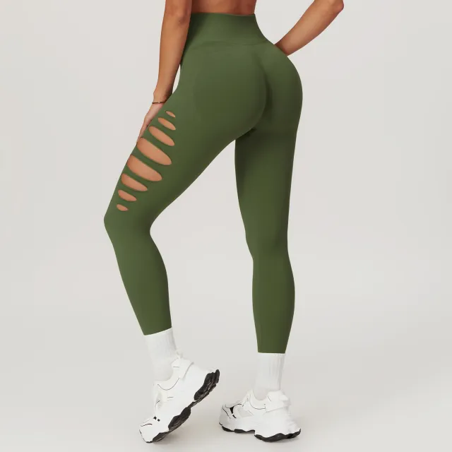 European And American Hollow Seamless Skinny Yoga Pants Peach Hip High Waist Fitness Pants Army Green - Shop at LoveMi