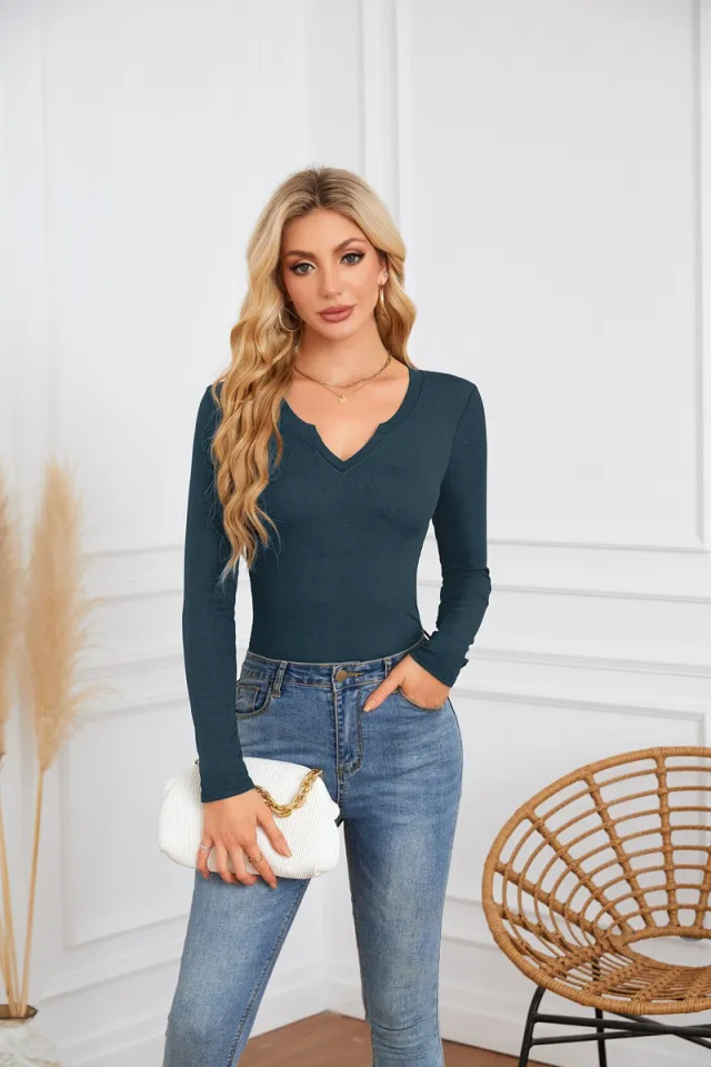Women's Hot Sunken Stripe Deep U Crisscross Neckline Long sleeved T shirt Top Sea Blue - Shop at LoveMi
