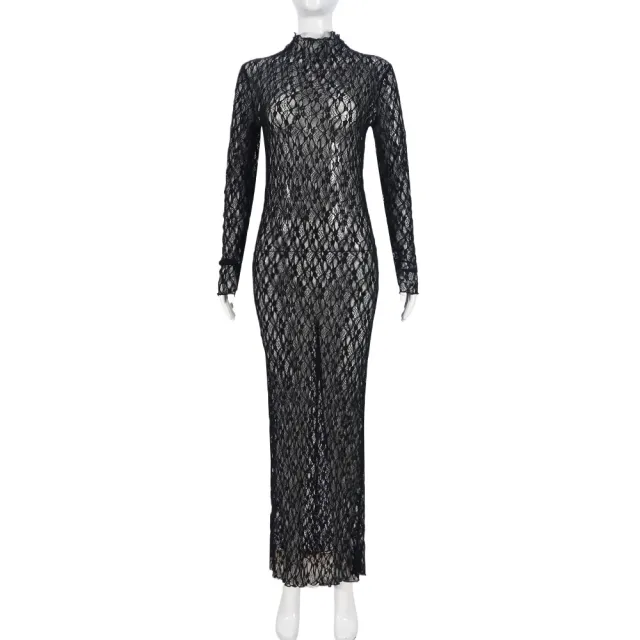 Sexy Long sleeved Round neck Lace Mesh See through Dress Black - Shop at LoveMi