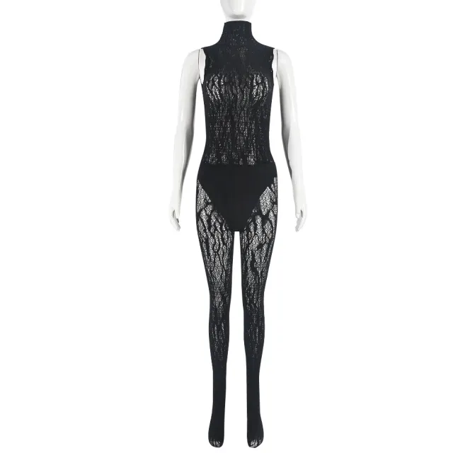 Hollow out Plus Size High Elastic Integrated Tight Body Stocking Clothes And Pants Suit Black - Shop at LoveMi
