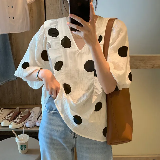 Printed Doll Shirt Summer Chiffon Ruffled Blouse White - Shop at LoveMi
