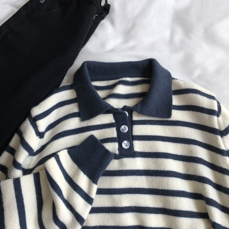 Women's Polo Polo Collar Stripes Sweater Long Sleeve Knitted Top