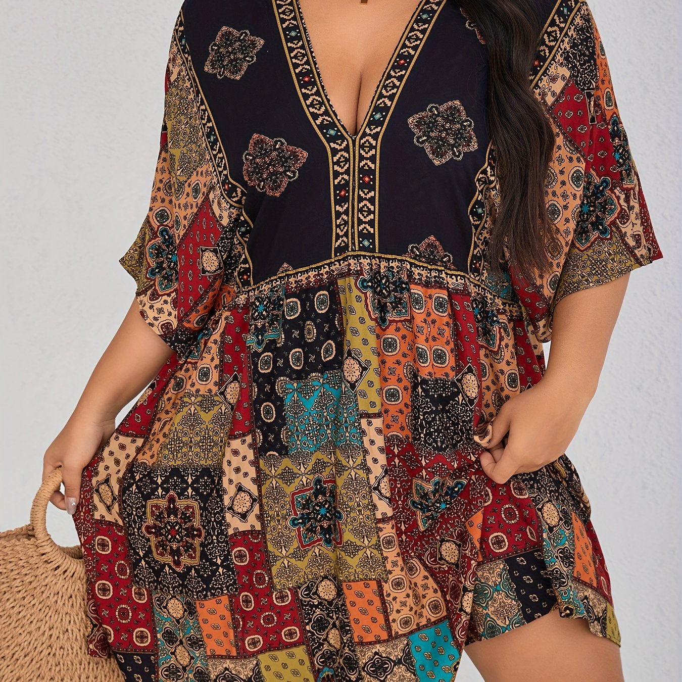 Plus Size Floral Print Dress Casual Short Sleeve V Neck