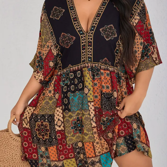 Plus Size Floral Print Dress Casual Short Sleeve V Neck Mixedcolor - Shop at LoveMi
