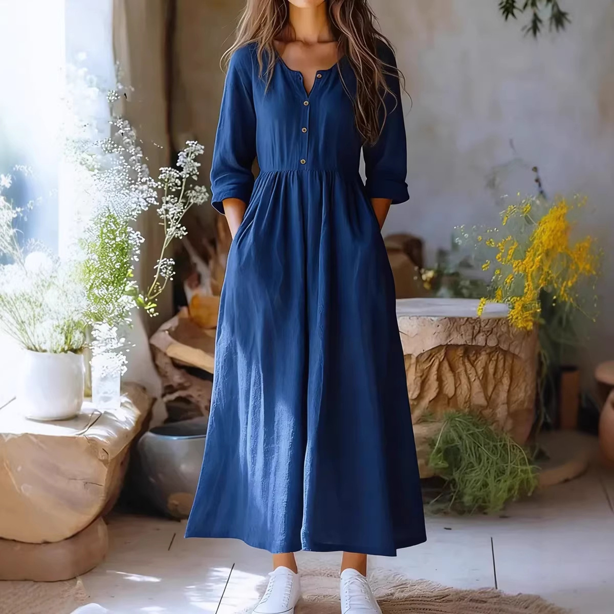 Womens Solid-Color Long-Sleeve Retro Cotton-Linen Dress