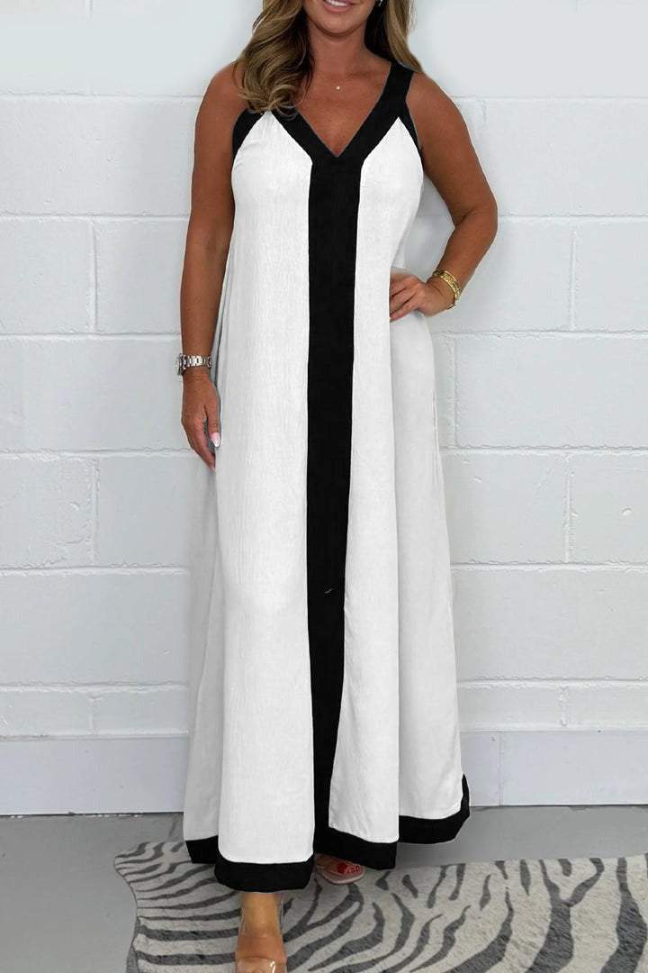 Casual Loose Contrast Color V neck Sleeveless Long Dress White - Shop at LoveMi