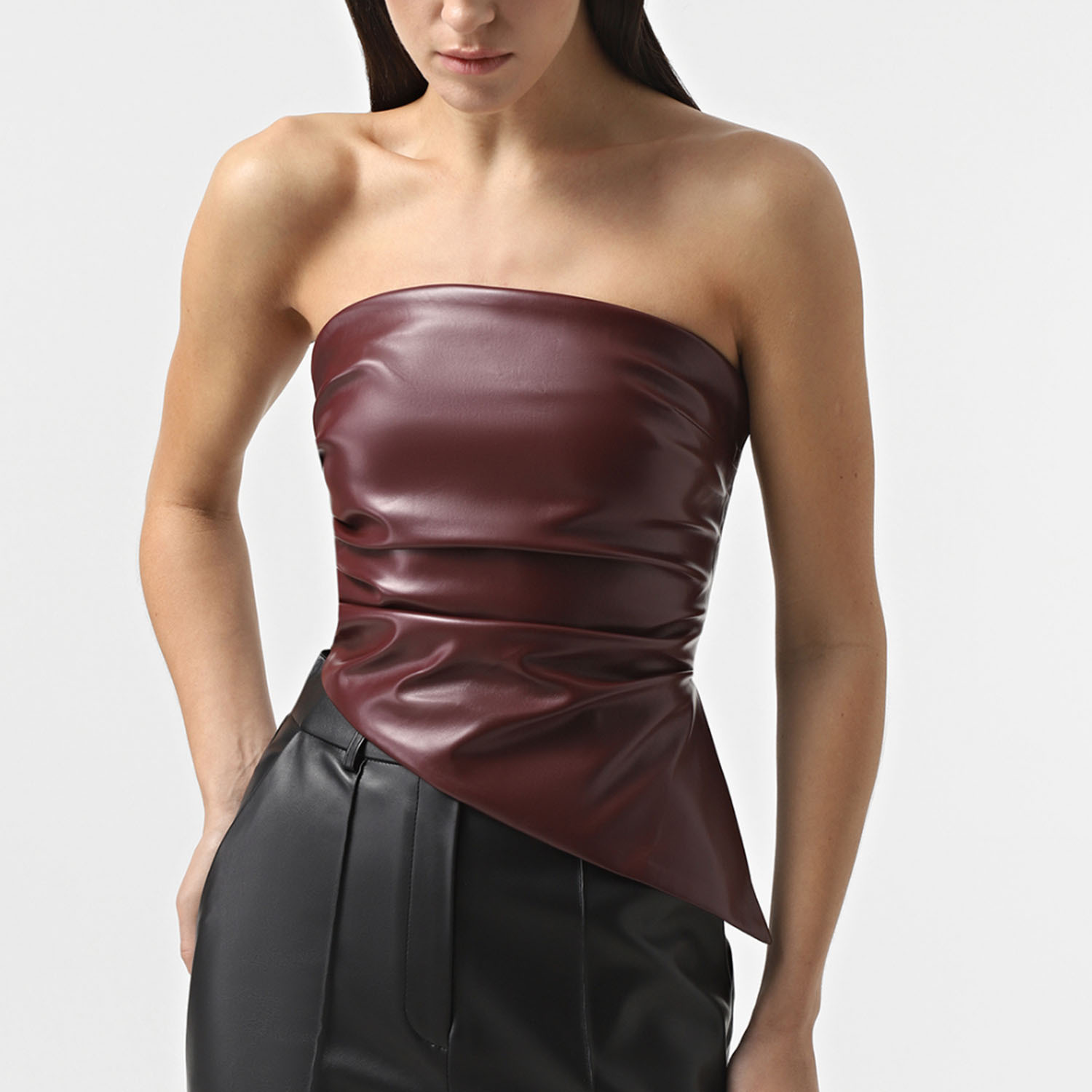 PU Leather Sexy Tube Top Pleated Waist Tight Vest