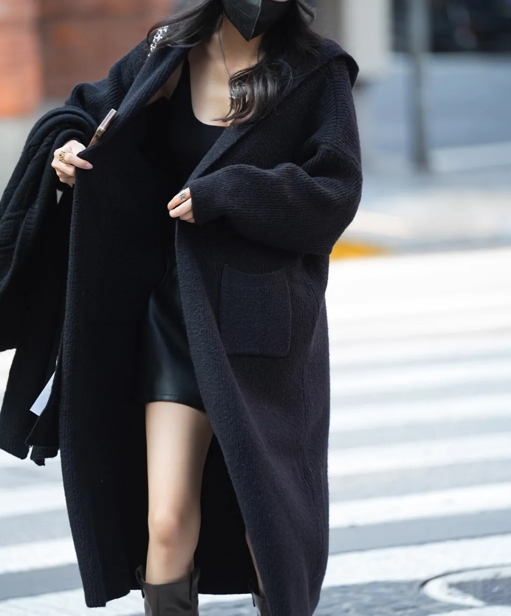 Long Knitted Cardigan Women's Sweater Hooded Trench Coat Coat - Black