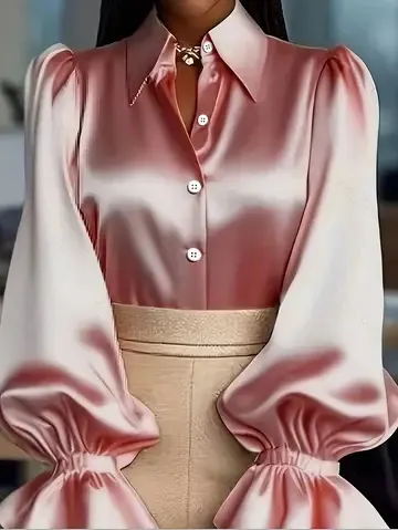 New Stylish Solid-colored Bubble Sleeve Long-sleeve Lapel Satin Shirt For Commuting - Pink