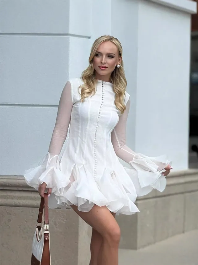 Elegant Buttoned Bud Shape Long Sleeve Ruffle Trim Dress White - Shop at LoveMi