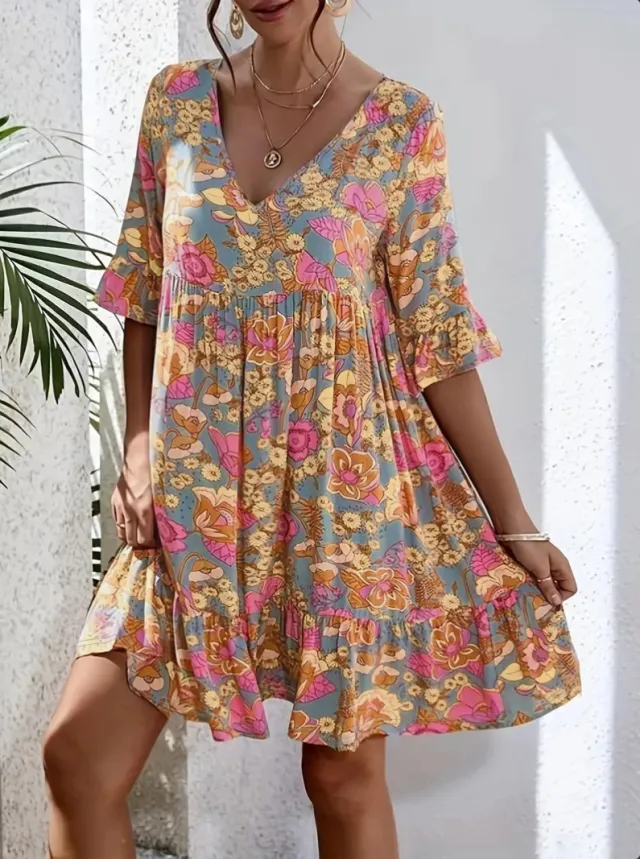 Casual V neck Floral Print Bohemian Style Women's Dress Orange - Shop at LoveMi