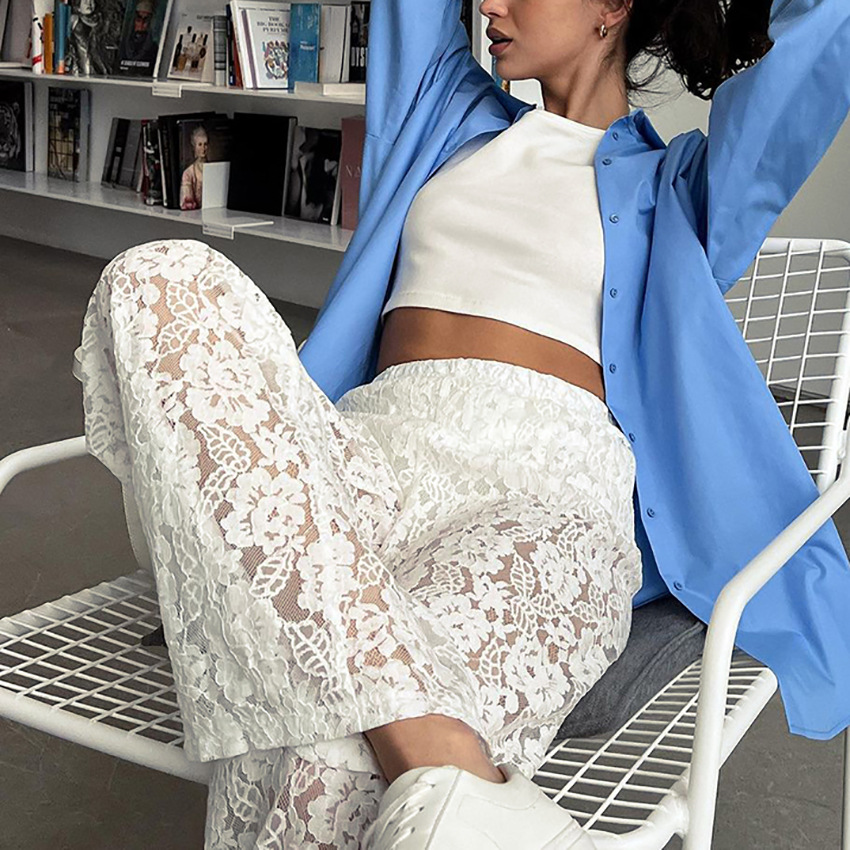 See-through Lace Women's Wide-leg Pants Hollow-out