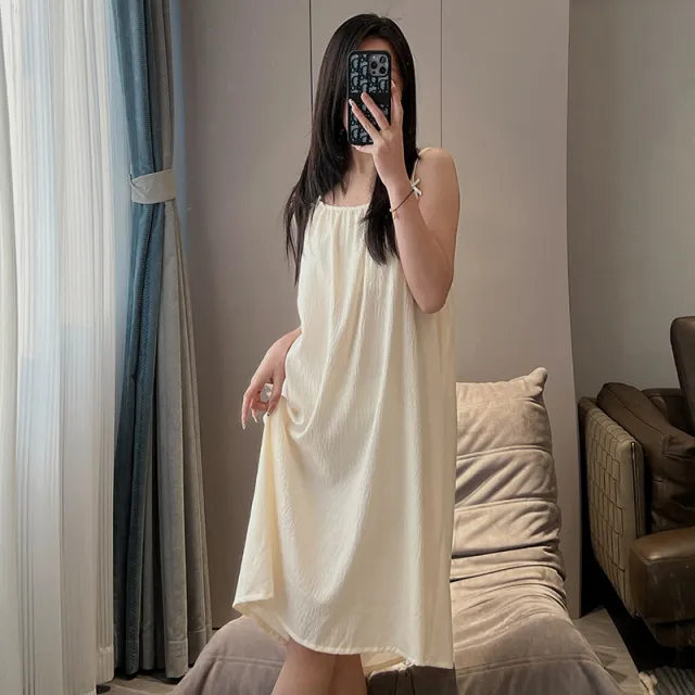 Women's Thin Plus Size Loose Slip Nightdress With Chest Pad Beige - Shop at LoveMi