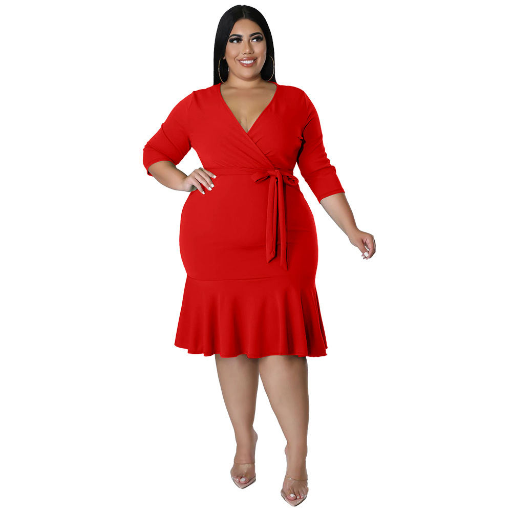 Sexy V Neck Lace Up Bodycon Dress With Ruffled Hem Plus Size Women's Wear Red - Shop at LoveMi