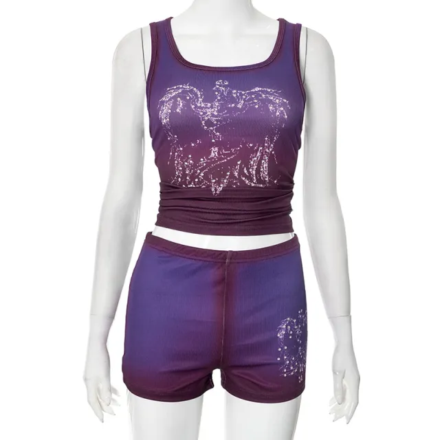 Sexy Mesh Butterfly Print Pleating Sling Vest Shorts Set Purple - Shop at LoveMi