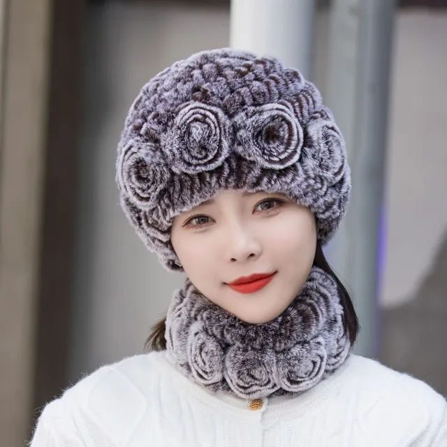 Winter Warm Rex Rabbit Fur Hat Scarf Suit Coffee Frost Color - Shop at LoveMi