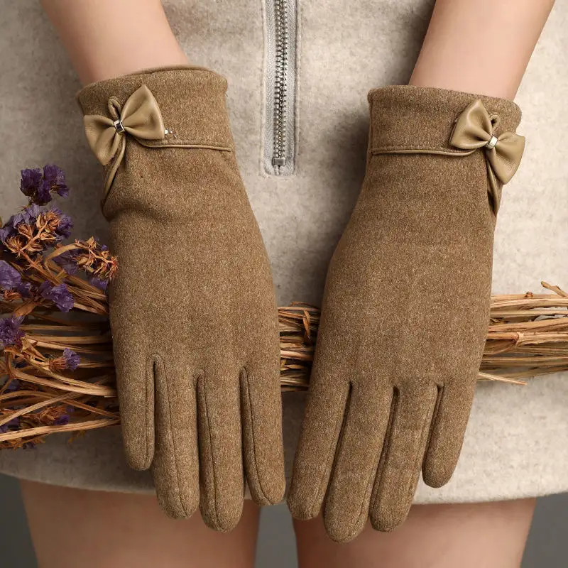 Fleece-lined De Suede Bow Gloves Touch Screen Warm Outdoor
