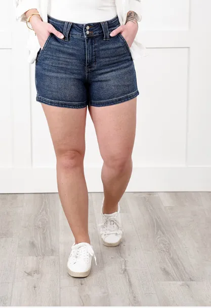 New Summer Women's Fashion High Waist Double Buckle Denim Shorts Dark Blue - Shop at LoveMi
