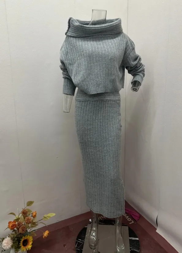 Fashionable Knitted Off shoulder Top Lapel Skirt Two piece Set Gray - Shop at LoveMi