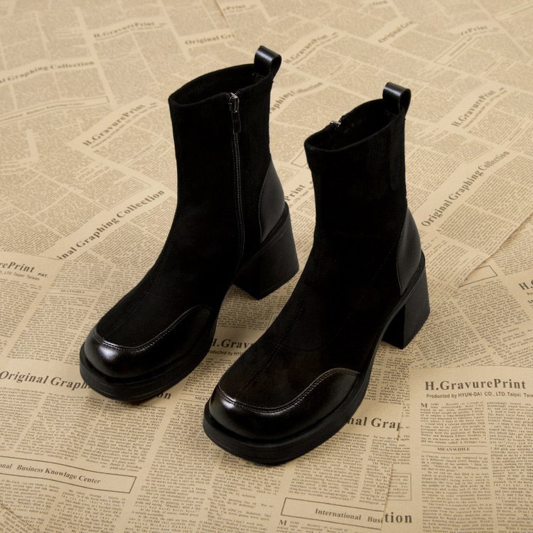 Thick Bottom Boots Chunky Heel Martin Boots Women Black - Shop at LoveMi