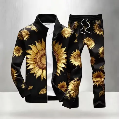 Printed Stand-Neck Zipper Casual Jacket And Pants