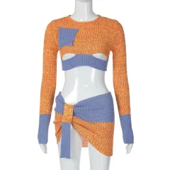 Knitted Long Sleeves Cropped Top Slim Skirt Suit - Colour-L - View 1