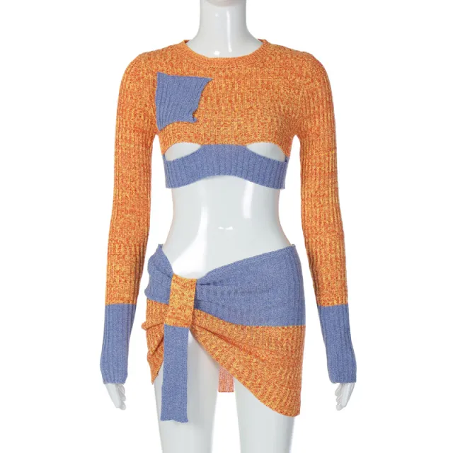 Knitted Long Sleeves Cropped Top Slim Skirt Suit Color - Shop at LoveMi