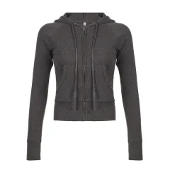 Womens Solid-Colour Ribbed Hoodie With Zippered Pockets And Panelled Design - Grey - View 1